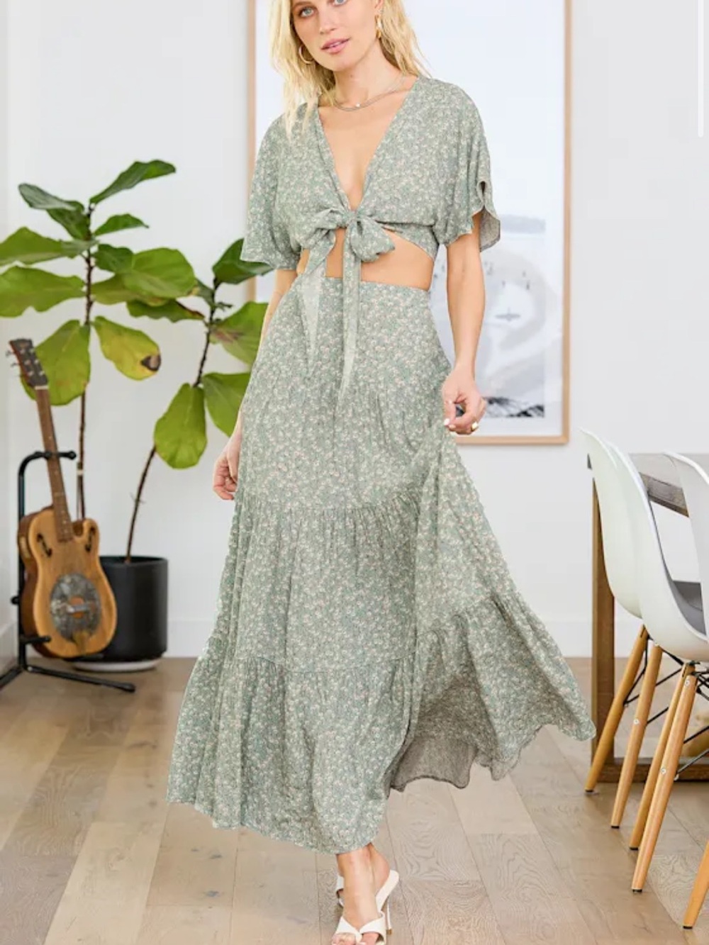 Lulu's Light Sage Floral Tie-Front Midi Dress